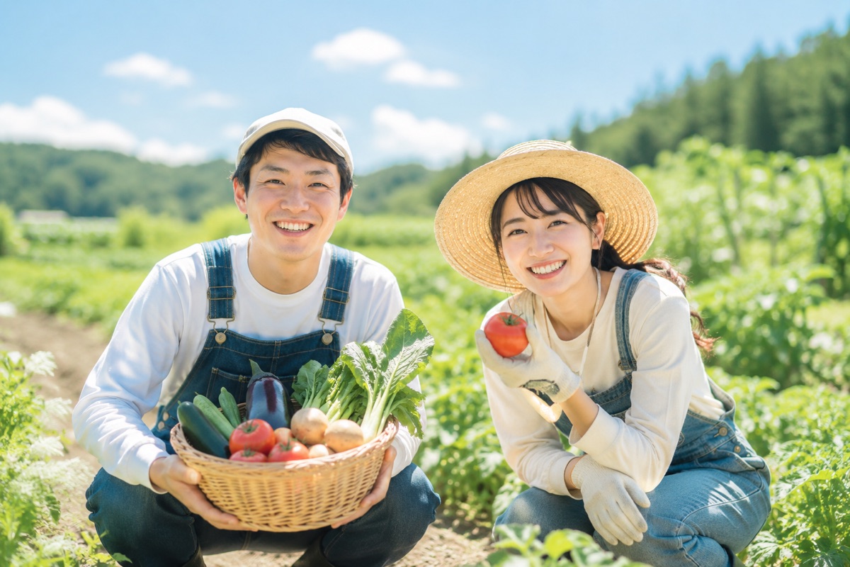 収穫した野菜を手に畑で笑顔を見せる農家の二人